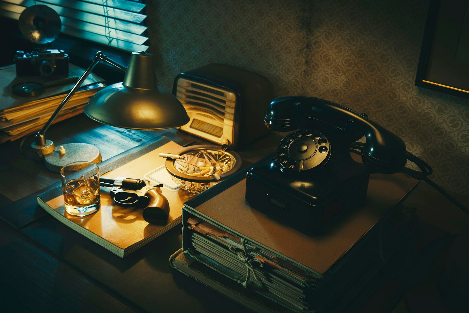 Film noir detective desktop with revolver