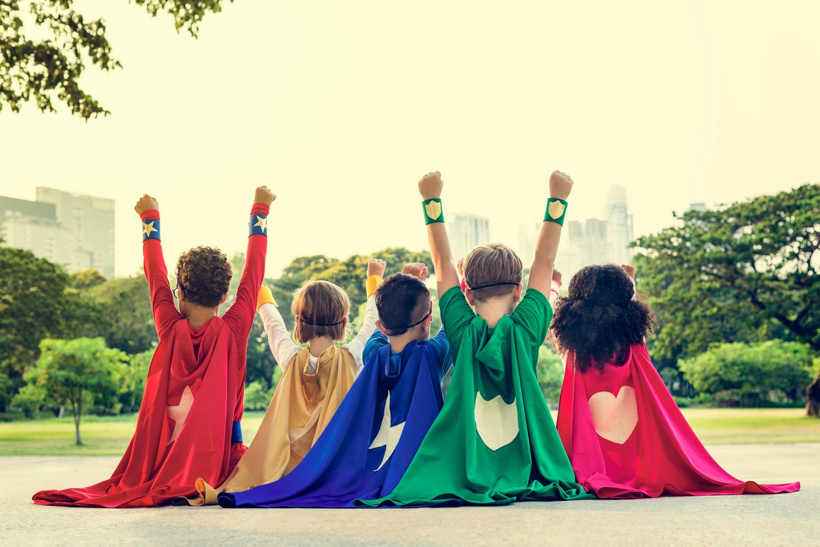 Superheroes Cheerful Kids Expressing Positivity Concept