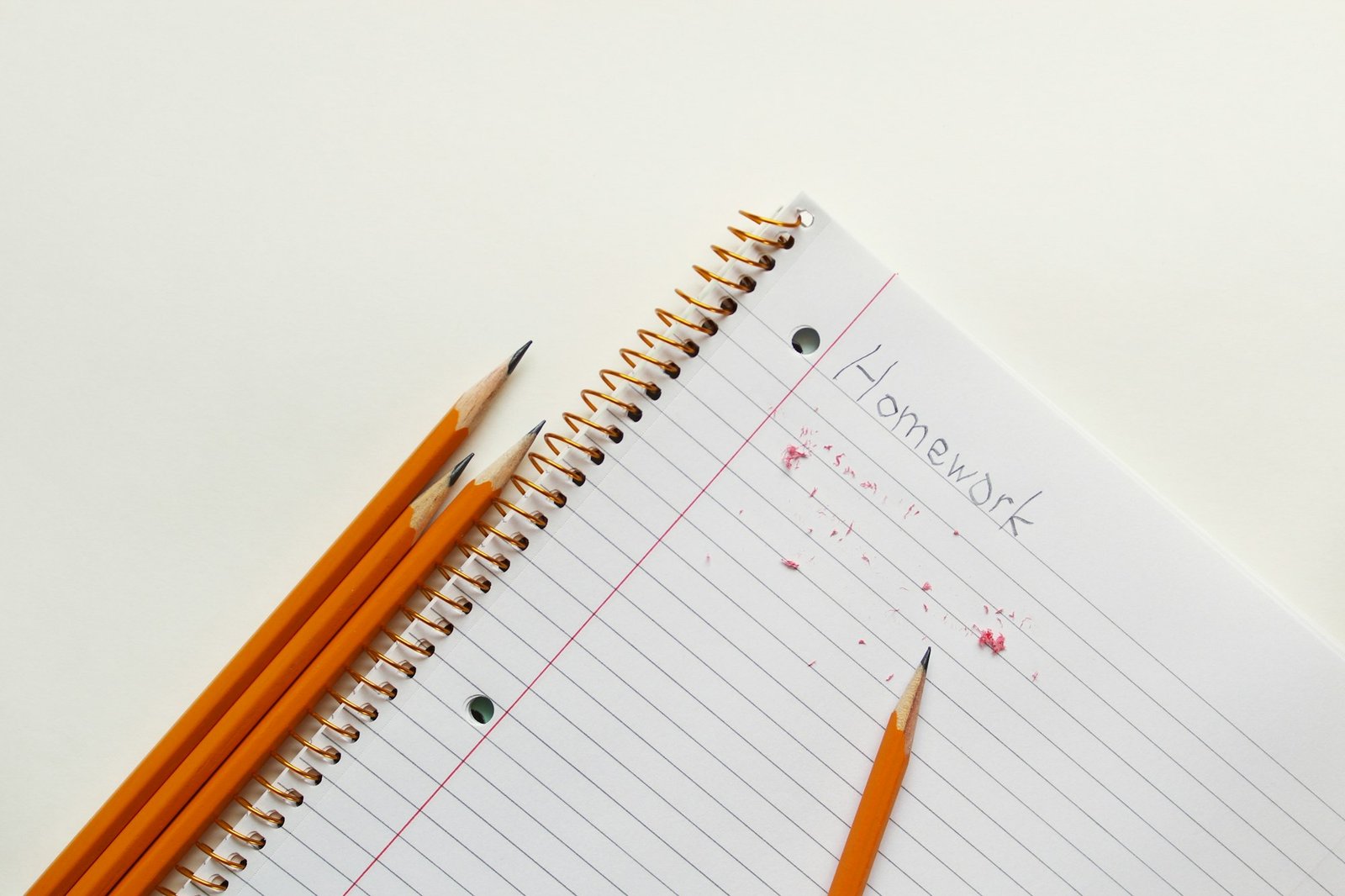 An open school notebook with pencils
