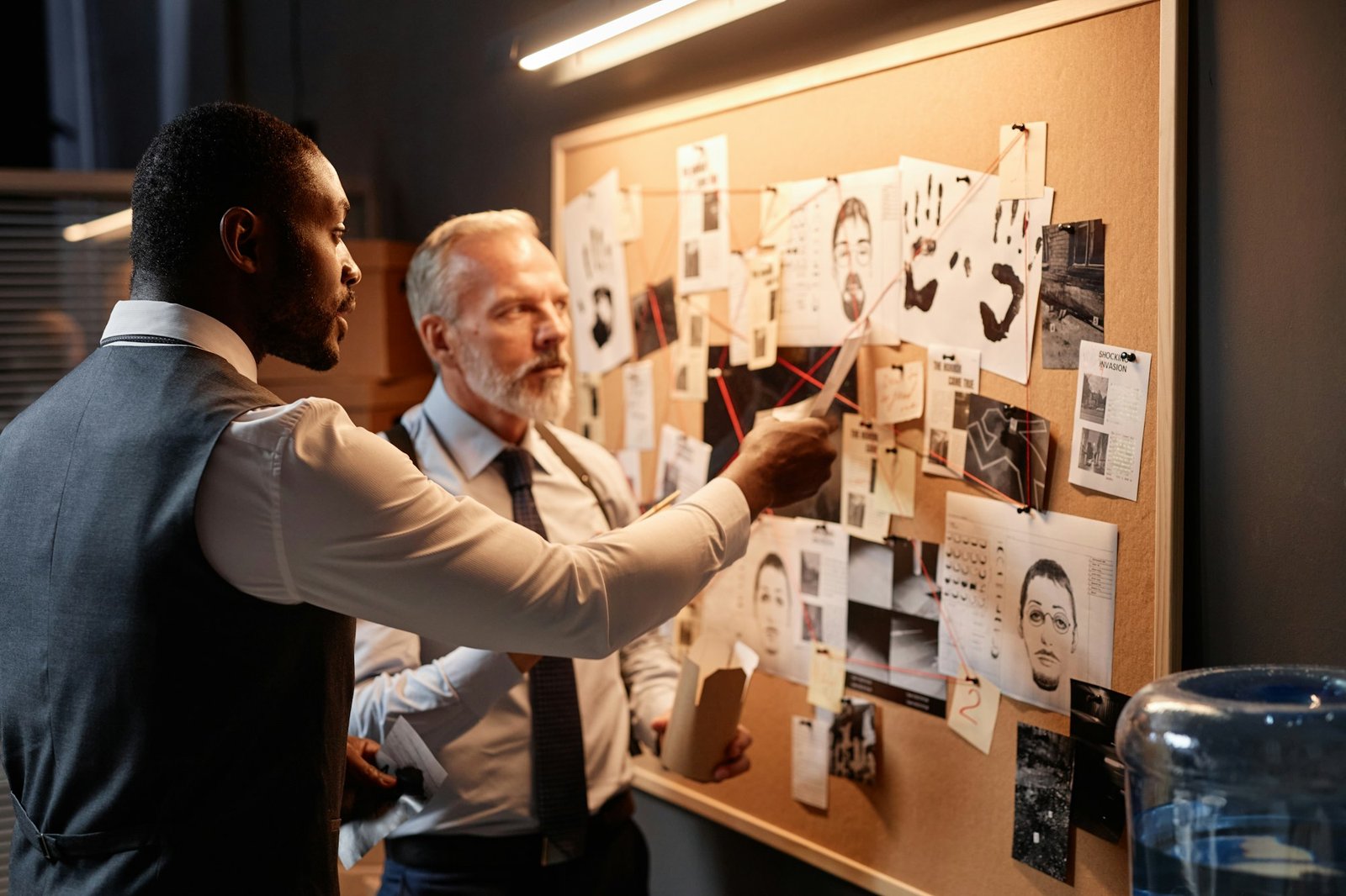 African American detective pointing at evidence board investigating case