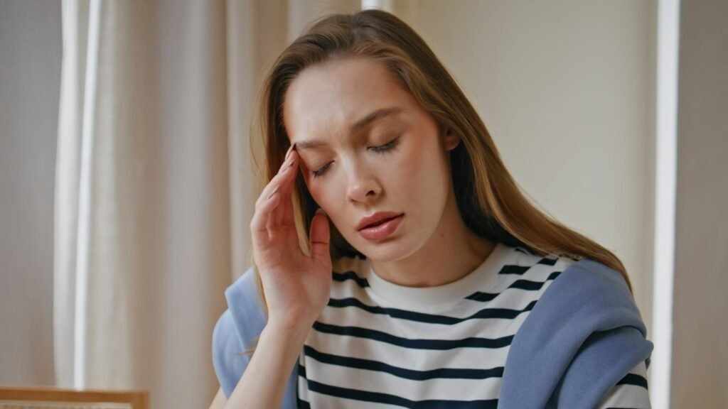 Stressed woman touching forehead showing emotional concern in room closeup.