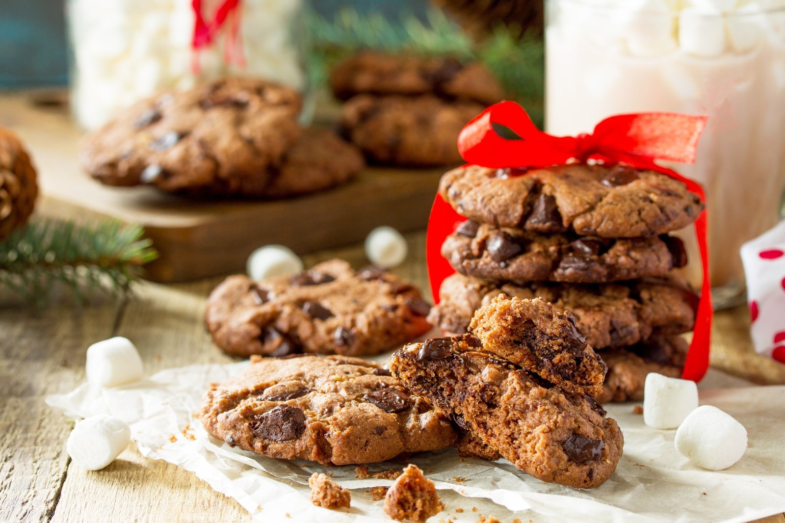 Baked Christmas cookies close-up. Homemade Chocolate Chip Cookies.