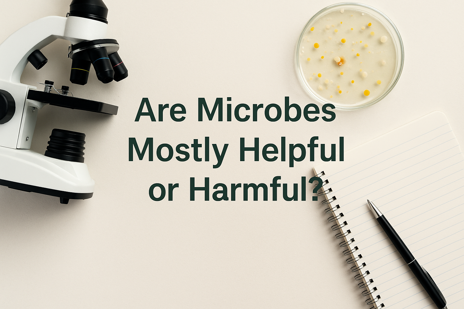 Microscope, petri dish with colorful microbial colonies, and notebook with pen on a desk, with the text “Are Microbes Mostly Helpful or Harmful?” in the center.