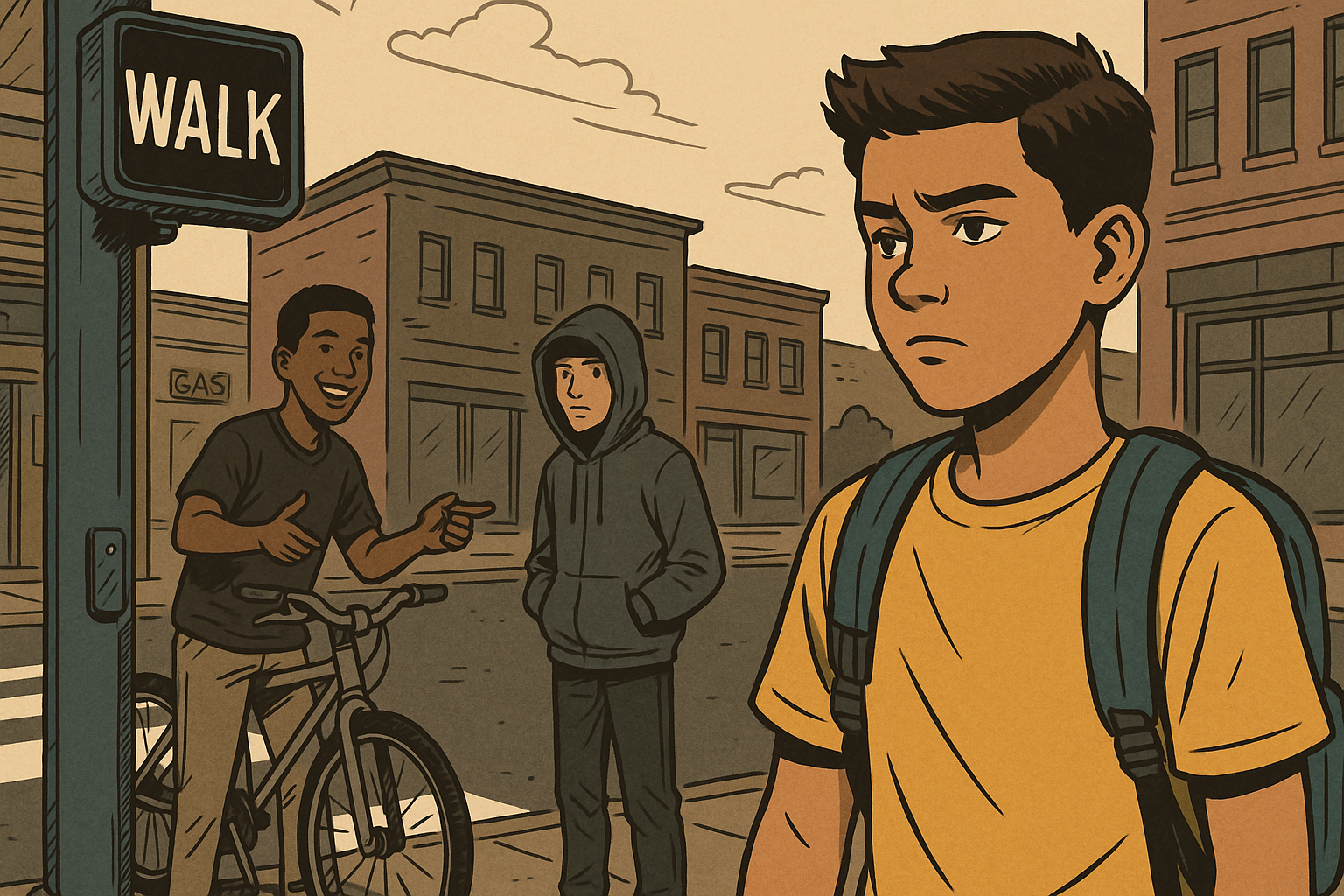 Comic book-style illustration showing three middle school boys at a crosswalk. One boy wearing a yellow shirt and backpack hesitates while his two friends, one on a bike and one in a hoodie, start crossing toward a corner store. The scene captures the tension of making tough choices.