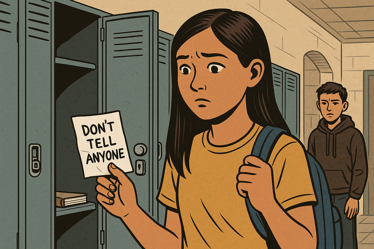 Comic-style illustration of a worried middle school girl reading a note that says “Don’t tell anyone,” symbolizing making tough choices at school.