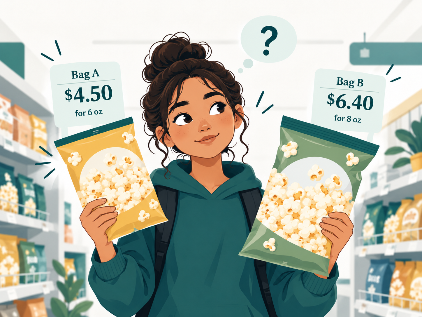 Student compares popcorn bag prices: six ounces for $4.50 and eight ounces for $6.40.