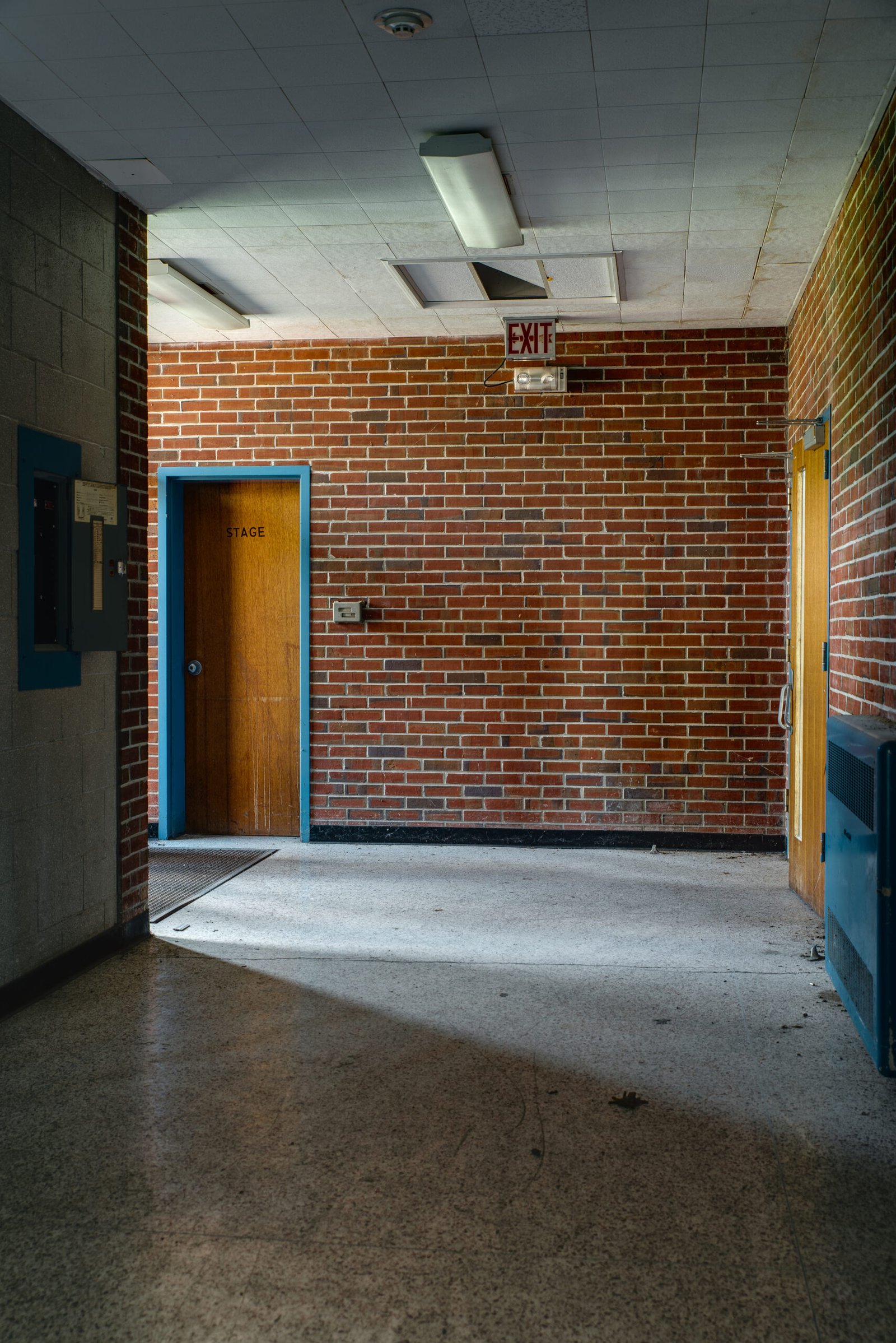 School hallway with a doorway