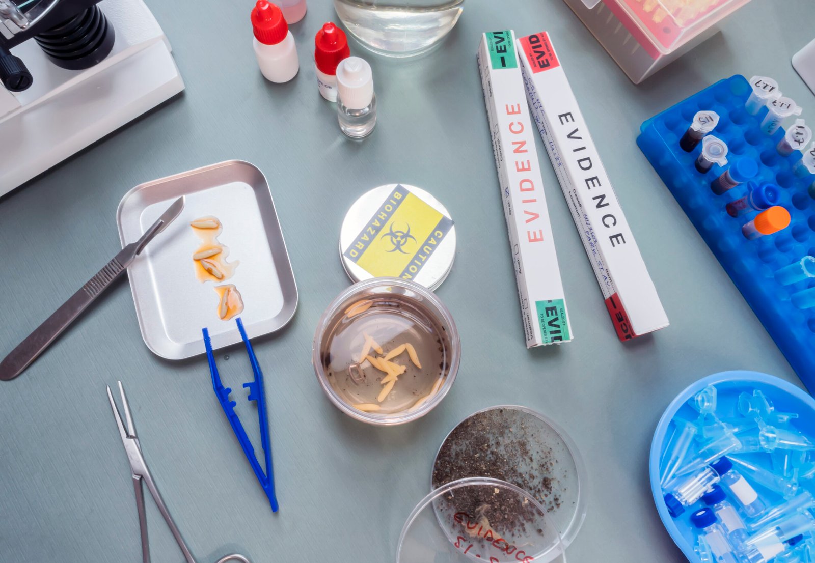Tools and labeled samples arranged on a science evidence examination bench