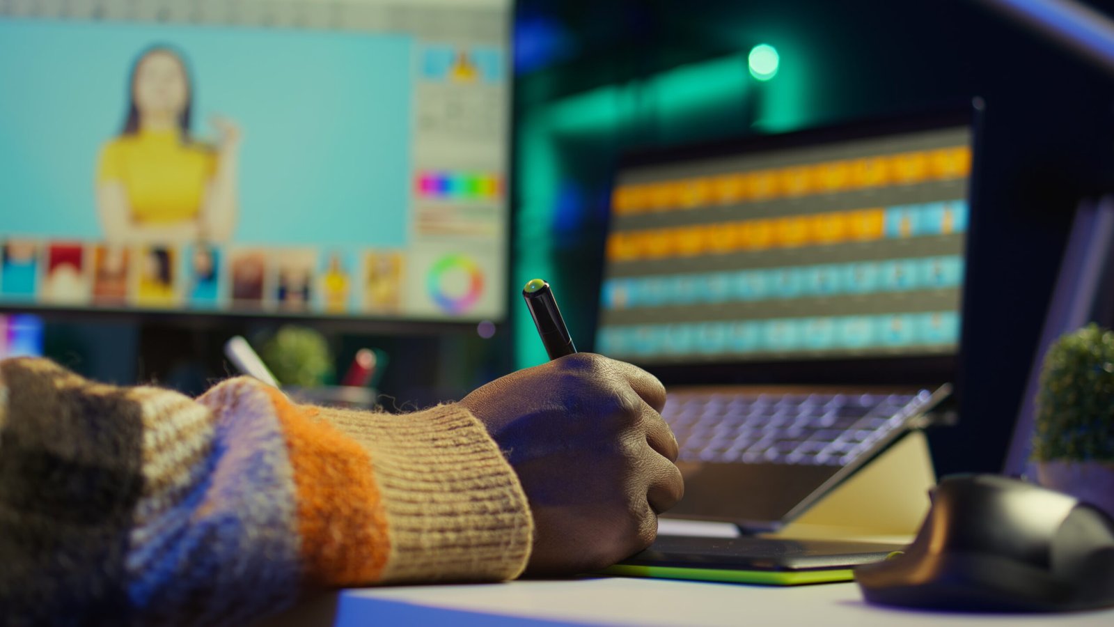 A digital artist using a stylus and drawing tablet