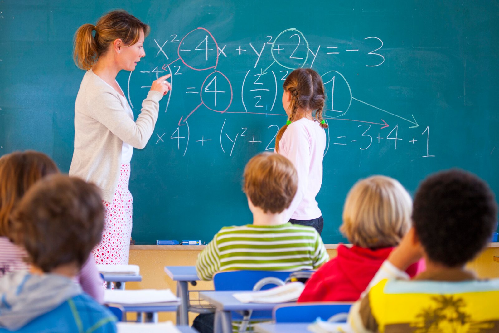 A teacher explaining equations to students at a chalkboard
